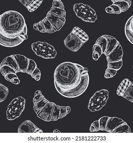 Coffee shop chalkboard background. Croissant and cup of coffee seamless pattern. Vector illustration.
