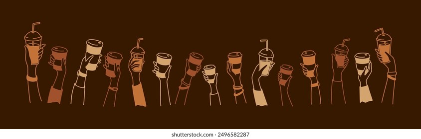 Coffee shop chalkboard design. Doodle hands up with coffee. Crowd of people, men and children holding disposable glass and paper cups. Teamwork concept background