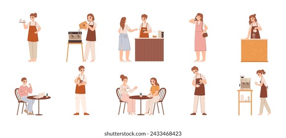 Coffee shop characters. Young barista makes hot drinks with coffee maker. Girls in cafe, guy work in bar, waiter holds tray with cups, snugly vector set