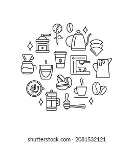 Coffee shop circle layout with outline icons. Logotype round template. Simple emblem. Espresso coffee machine. Barista professional device. Editable stroke. Vector stock illustration