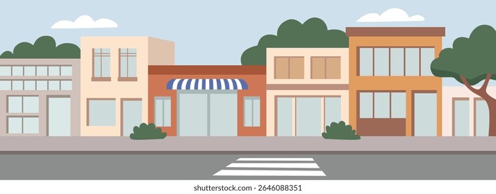 Coffee shop. City building. Store front illustration. Minimarket. Boutique. Cafeteria. Neighborhood. City Street with Shops and Buildings. 