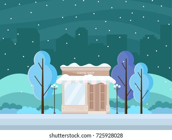 Coffee shop in a city winter season Vector background