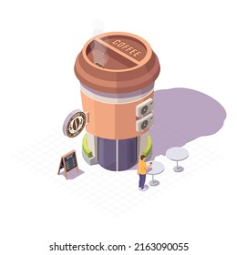 Coffee shop. Coffeehouse building. Vector isometric