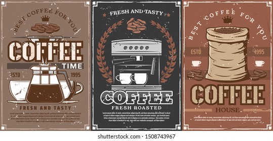 Coffee shop and coffeehouse drinks. Vector coffee maker machine, beans in bag, latte steam in takeaway mug and portafilter pot with crown. Vintage style vector posters