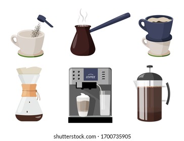 Coffee shop collection . Few ways to make coffee. Different mays of coffee preparing. Coffee machine, cup, french press,  pourover, cezve or ibrik.