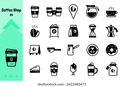 Conjunto de iconos de Colección de cafetería estilo negro sólido