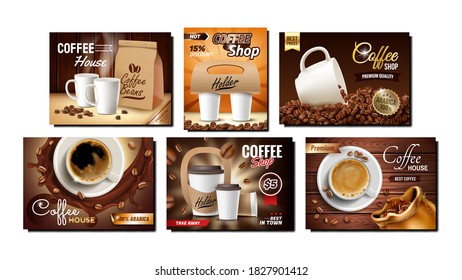 Coffee Shop Collection Promo Posters Set Vector. Coffee Beans And Blank Cups, Package And Paper Holder For Transportation Hot Drink Advertising Banners. Style Color Concept Template Illustrations