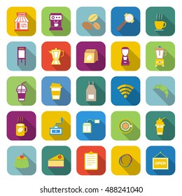 Coffee shop color icons with long shadow, stock vector