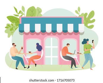 Coffee shop, colorful banner cafe in cartoon style vector illustration design. Men and women sitting at tables drink coffee. Modern young people and fashionable lifestyle. Isolated on white.