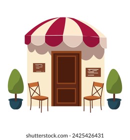 Coffee shop of colorful set. The design offers a whimsical interpretation of a coffee shop facade, featuring bold colors and cartoon-inspired details. Vector illustration.