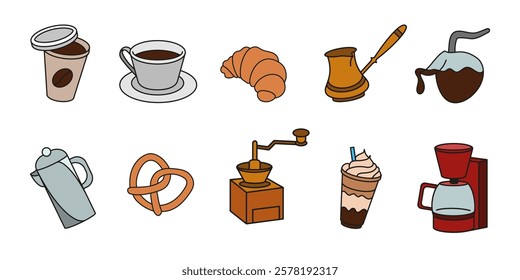 Coffee shop colorful vector illustration collection. Cafe menu colored icon set. Cafeteria relative art. Coffeemaker equipment. Coffee cup, croissant, turk, grinder, machine doodle. Breakfast sign.