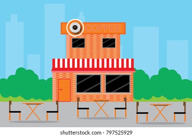 Coffee shop with comfortable seating in the city, trees are full of nature to watch.vector