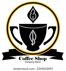 Coffee shop company emblem logo with illustration of a two-handled cup or glass and ribbon on the bottom