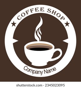 Coffee shop company logo emblem with illustration of cup or cup with handle.