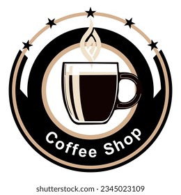 Coffee shop company logo emblem with illustration of cup or cup with handle.