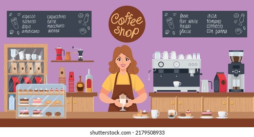 Coffee shop composition with barista behind bar counter vector illustration