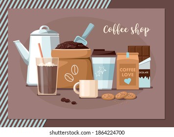 Coffee shop composition. Coffee beans in the package, takeaway cup, mug, and chocolate. Vector