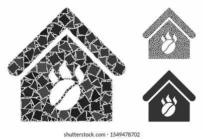 Coffee shop composition of bumpy parts in different sizes and color tints, based on coffee shop icon. Vector unequal parts are combined into collage. Coffee shop icons collage with dotted pattern.
