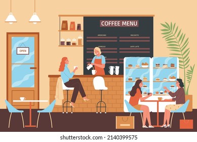 Coffee shop composition with indoor scenery cafe interior with seats and bar stand with human characters vector illustration