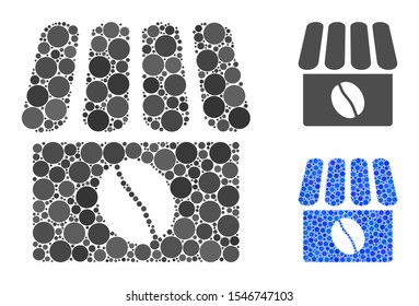 Coffee shop composition of round dots in variable sizes and shades, based on coffee shop icon. Vector round dots are organized into blue illustration.