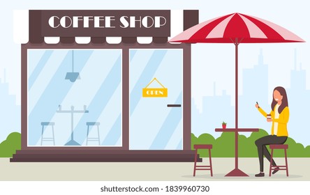 Coffee shop concept. A girl sits at a table on the street near a coffee shop and drinks coffee from a paper cup. Flat cartoon vector illustration.