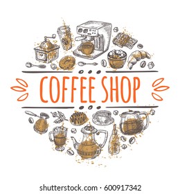 Coffee shop concept. Hand drawn vector illustration. Watercolor splash. Round circle composition. Can be used for menu, bar, cafe, restaurant, poster, banner, sticker, label, brand, badge, template.