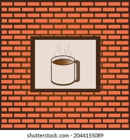Coffee shop concept on brick wall background.  Coffee cup flat icon isolated on brick wall background. Tea cup. Hot drink coffee. Vector Illustration.Coffee espresso beverage, cappuccino.EPS10