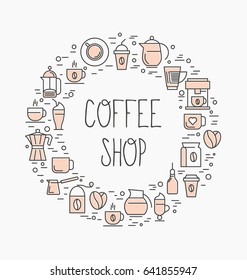 Coffee shop concept. Set of coffee equipment icons for shop, cafe, menu or web site. Vector illustration in thin line style.