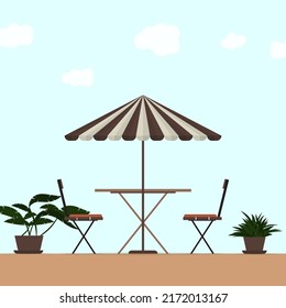 coffee shop concept. table and chair on orange the floor, plant pot beside with brown umbrella.coffee shop, cafe. flat design vector illustration.