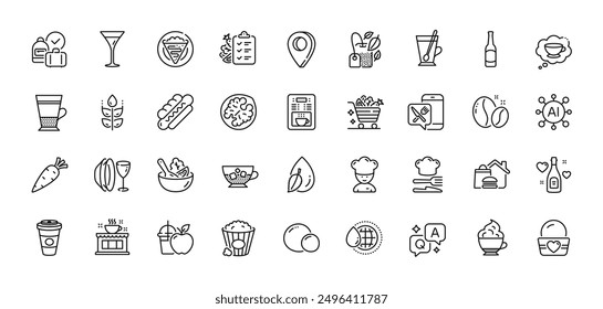 Coffee shop, Cooking chef and Takeaway coffee line icons pack. AI, Question and Answer, Map pin icons. Gluten free, Walnut, Cappuccino cream web icon. Carrot, Peas, Food delivery pictogram. Vector