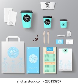 Coffee shop corporate identity template design set with calligraphy logo. Take away mock up
