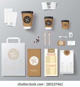 Coffee shop corporate identity template design set with calligraphy logo. Take away mock up