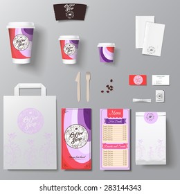 Coffee shop corporate identity template design set with calligraphy logo. Take away mock up