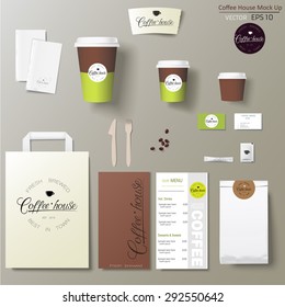 Coffee shop corporate identity template design set with calligraphy logo. Take away mock up

