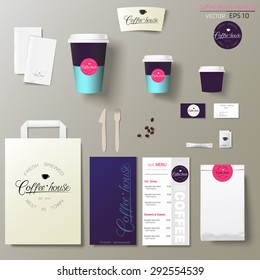 Coffee shop corporate identity template design set with calligraphy logo. Take away mock up
