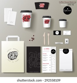 Coffee shop corporate identity template design set with calligraphy logo. Take away mock up
