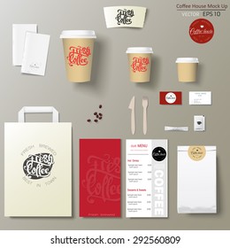 Coffee shop corporate identity template design set with calligraphy logo. Take away mock up
