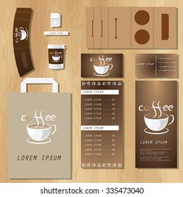 Coffee shop corporate identity template design set with calligraphy logo. Take away mock up