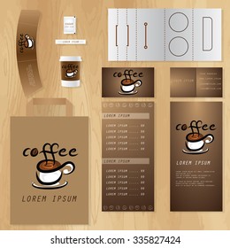 Coffee shop corporate identity template design set with calligraphy logo. Take away mock up