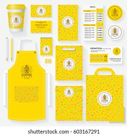 Coffee shop corporate identity template set with color paper cup logo and memphis geometric pattern. Restaurant cafe set card, flyer, menu, package, uniform design set. Vector Illustration