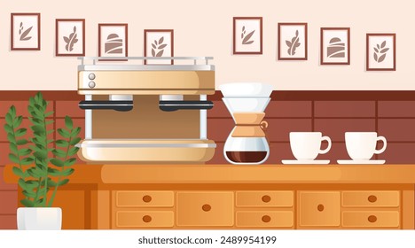 Coffee shop counter with features a coffee machine, a Chemex coffee maker with brewed coffee, two empty white cups on saucers, framed botanical art, and a potted plant. Vector illustration