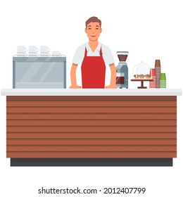 Coffee shop counter vector cafe interior. Barista man cashier, seller at desk cartoon illustration isolated on white background