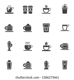 Coffee shop cups vector icons set, modern solid symbol collection, filled style pictogram pack. Signs, logo illustration. Set includes icons as take away coffee cup, frappe glass, hot tea, cappuccino 