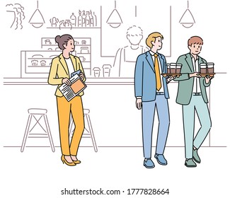 Coffee shop customers  Business people putting coffee in carrier  Business woman waiting for coffee  hand drawn style vector design illustrations  