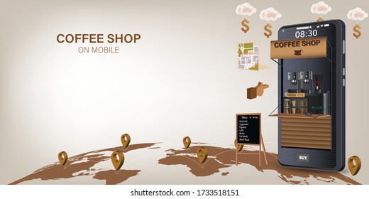 Entrega de café en móvil. Concepto de comercio electrónico en línea. Café en línea, comida y bebida e infografía. Página web, diseño de aplicaciones. ilustración vectorial.