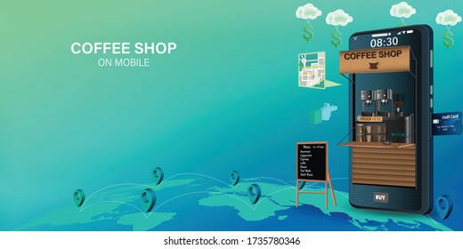 Coffee shop delivery on mobile. E-commerce online concept. Online coffee, food and drink order infographic. Webpage, app design. vector illustration.