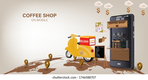 Coffee Shop Delivery On Mobile. E-commerce Online Concept. Online Coffee, Food And Drink Order Infographic. Webpage, App Design. Vector Illustration.