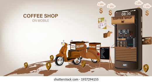 Coffee Shop Delivery On Mobile. E-commerce Online Concept. Online Coffee, Food And Drink Order Infographic. Webpage, App Design. Vector Illustration.