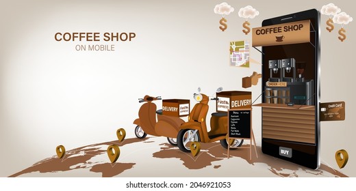 Coffee shop delivery on mobile. E-commerce online concept. Online coffee, food and drink order infographic. Webpage, app design. vector illustration.