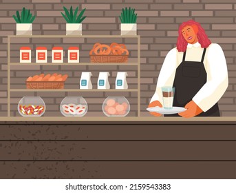 Coffee shop design element with barista standing behind of bar counter, coffee making equipment, utensils, menu. Coffee shop interior and cartoon character. Candy store with sweets and confectionery